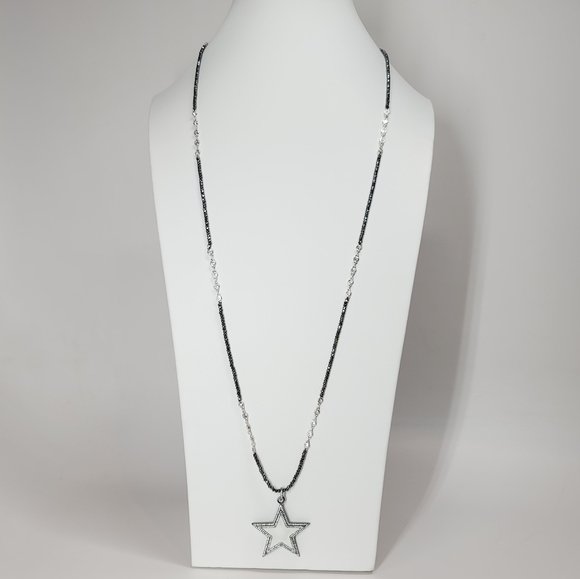 White Enamel Star Pave CZ long Hematite Necklace - Picture 8 of 11